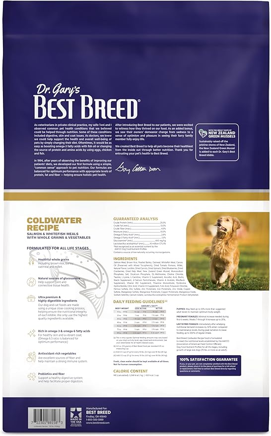 Dr. Gary's Best Breed Coldwater Recipe Slow-Cooked in USA, Natural Dry Dog Food for All Breeds and Sizes, 26lbs.