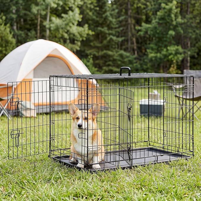 Sweetcrispy 36 Inch Dog Crate, Medium Crates Double Door Folding Metal Wire Dog Cage with Plastic Leak-Proof Pan Tray, Pet Kennel for Indoor, Outdoor, Travel