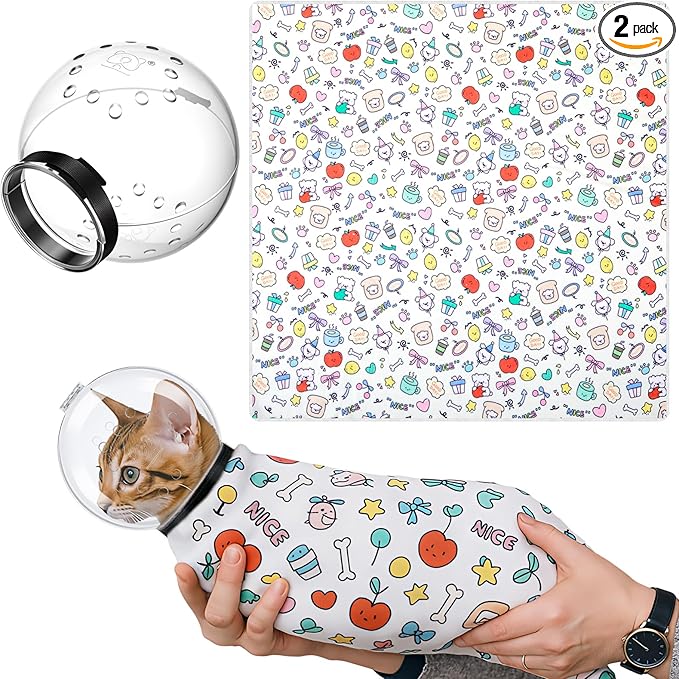 Chunful Cat Muzzle for Grooming, Cat Helmet and Wrap for Cutting Nails, M Size Adjustable Mask, 27.6" Anti-Escape Calming Swaddle Cloth, Bathing Shaving Anti-Scratch Pet Tools(Animal)