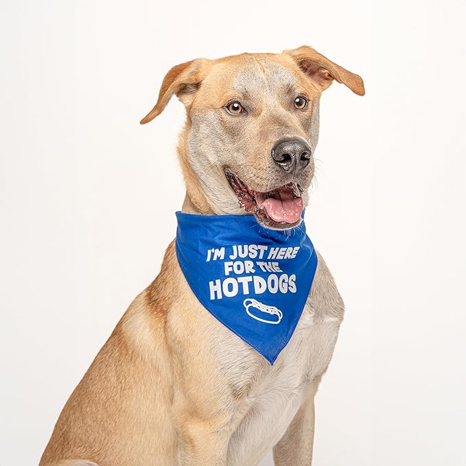 I'm Just Here for The Hot Dogs Dog Bandana | 100% Adjustable Cotton Triangle | Made in USA | July Fourth (4th) Accessory | Patriotic | Party | Parade | Event | Costume |Red, X-Small (750)