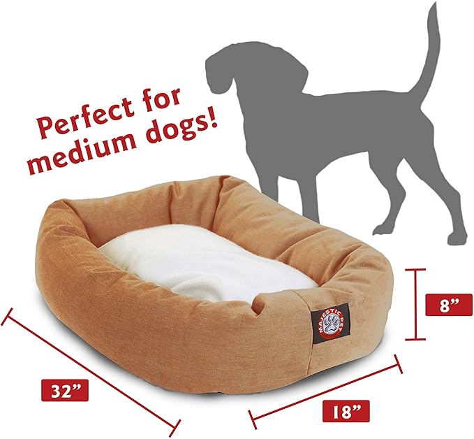 Majestic Pet 32 Inch Poly-Cotton Sherpa Calming Dog Bed Washable 32x18x8 (inch) – Cozy Soft Round Donut Dog Bed with Spine for Head Support - Pet Bed Medium - Khaki