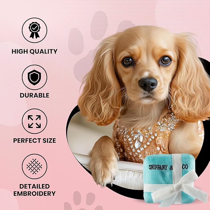 Dog Diggin Designs Sniffany & Co Large Plush Dog Toy Box | Luxury-Inspired Parody Designer Gift Box with Built-in Squeaker, Soft Plush Interactive Dog Toy – Thinking Outside The Box!