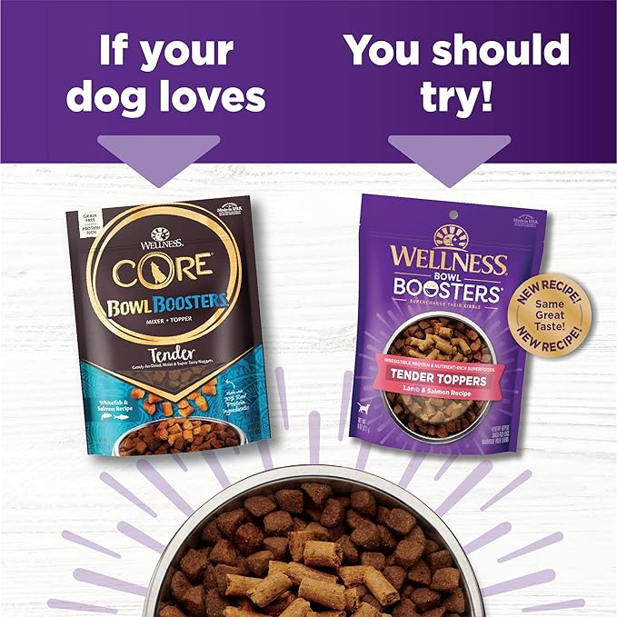 Wellness Tender Toppers (Previously CORE Bowl Boosters), Grain-Free Natural Dog Food Toppers or Mixers, Made with Real Meat (Lamb & Salmon, 8 oz Bag) (Pack of 2)