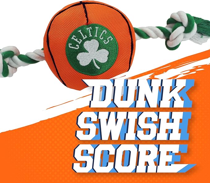 NBA BOSTON CELTICS Basketball Toy. - Tough Nylon Pet Toy with Tug Ropes & inner Squeaker