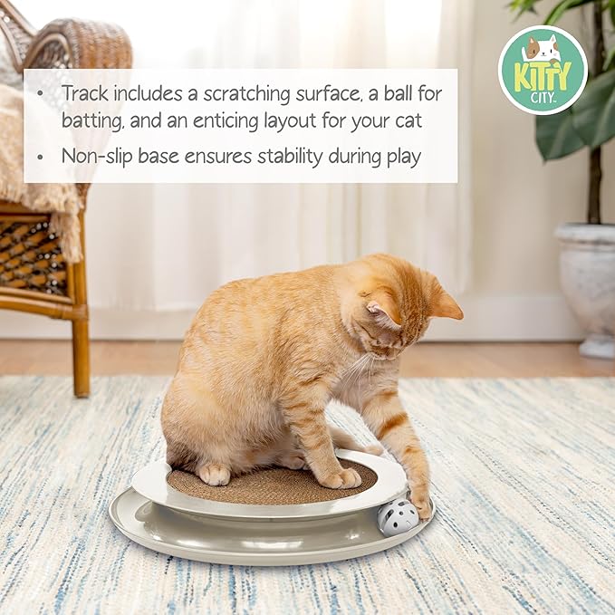 Kitty City Round Swat Ball Track Cat Toy with Scratcher, Interactive Toy for Cats and Kittens, Tan