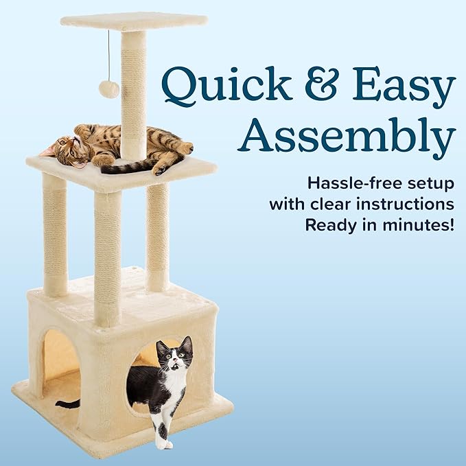 44 Inch Tall Cat Tree Tower - Cat Tower with Napping Perches, Kitten Condo, 4 Rope Scratching Posts, and Hanging Toy - Multi-Level Kitten Tree and Climbing Activity Furniture by PETMAKER (Beige)