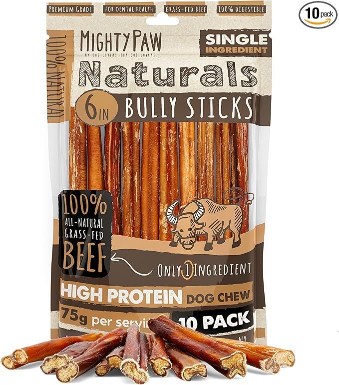 Mighty Paw Naturals Bully Sticks for Small & Medium Dogs - Grass Fed Beef Chews. Bully Sticks for Large Dogs. Lower Odor Stick Treat. Single Ingredient (6" - 10 Pack)