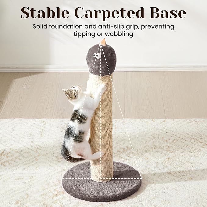Cat Scratching Post for Small Space, 22'' Scratching Posts for Indoor Cats Adults, Extra Wide 13.4" Stable Base & Natural Sisal, Cute Cat Scratching Post with Short Plush Fabric for Large Cats, Grey