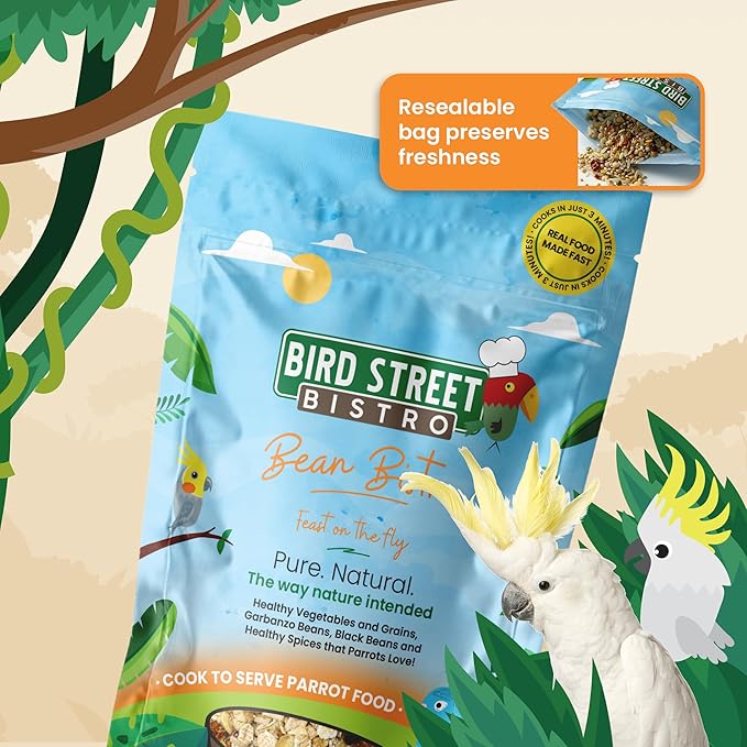 Bird Street Bistro Parrot Food - Parakeet & Cockatiel Food - Cooks in 3-15 min w/Natural Whole Grains, Legumes, Non-GMO Fruits, Vegetables & Health-Oriented Spices