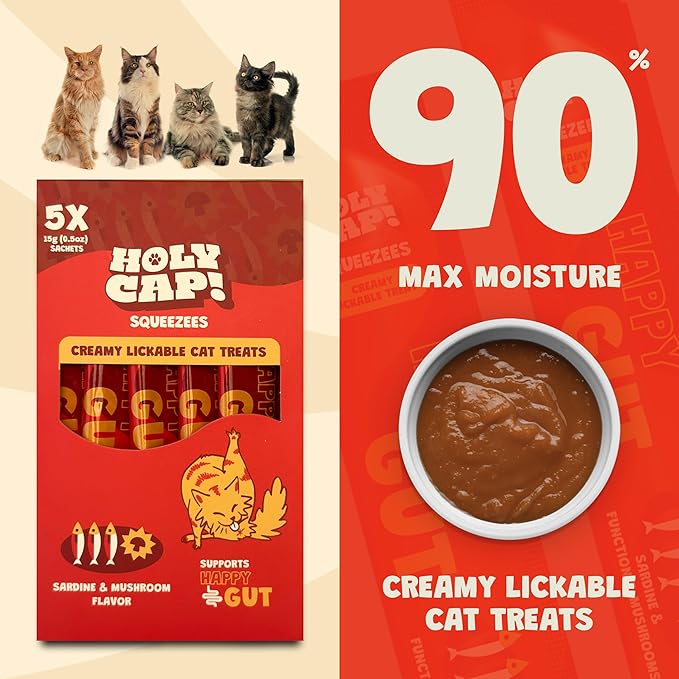 Happy Gut Grain-Free Lickable Cat Treats, 5 Squeezable Purée Tubes (0.5 oz Each), Sardine & Pumpkin Flavor, Creamy Cat Purée with Clean Ingredients, Hand-Fed Treat or Meal Topper