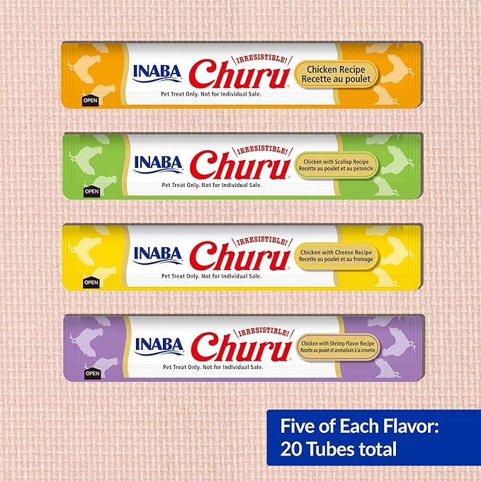 INABA Churu Cat Treats, Lickable, Squeezable Creamy Purée Cat Treat with Green Tea Extract & Taurine, 0.5 Ounces Each Tube, 20 Tubes, Chicken Variety