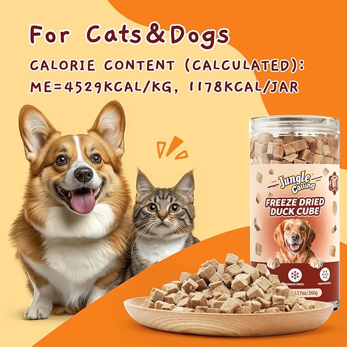 Jungle Calling Freeze Dried Duck Dog & Cat Treats, Single Ingredient Duck Bites for Cats & Dogs, Grain Free High Protein Training Treats & Food Topper, 9.17 oz