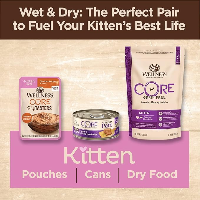 Wellness CORE Tiny Tasters Pate Kitten Wet Cat Food, Natural, Protein Rich, Grain Free, Chicken Recipe, 1.75 oz, Pack of 12 Pouches