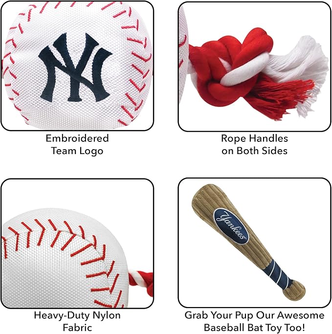MLB NEW YORK YANKEES Baseball Rope Toy for DOGS & CATS. Tough nylon, Sporty Baseball Design, Heavy-duty ropes with Inner SQUEAKER