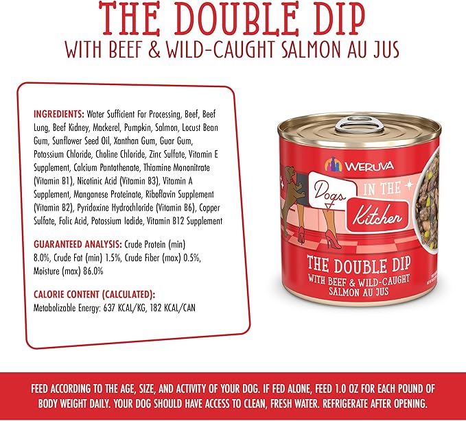 Weruva Dogs in the Kitchen, The Double Dip with Beef & Wild-Caught Salmon Au Jus Dog Food, 10oz Can (Pack of 12)