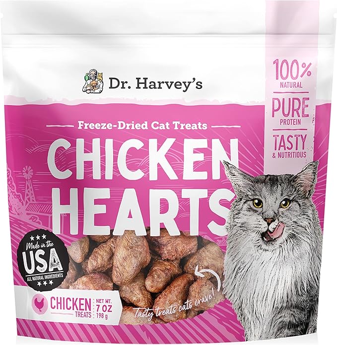 Dr. Harvey's Chicken Hearts Freeze Dried Training Cat Treats with Real Chicken Hearts for Cats, 7 Ounces