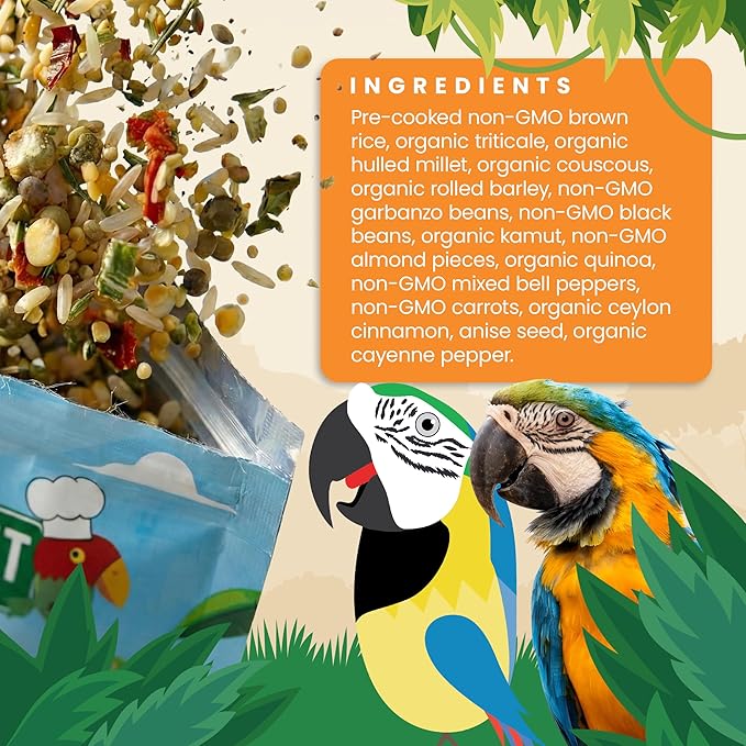 Bird Street Bistro Parrot Food - Parakeet & Cockatiel Food - Cooks in 3-15 min w/Natural Whole Grains, Legumes, Non-GMO Fruits, Vegetables & Health-Oriented Spices