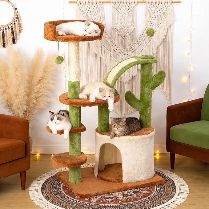 Cactus Cat Tree for Indoor Cats, Multi-Level Cat Tree Tower with Sisal Scratching Posts, Stable Cat Condo with Perches and Steps, 36.6", Brown
