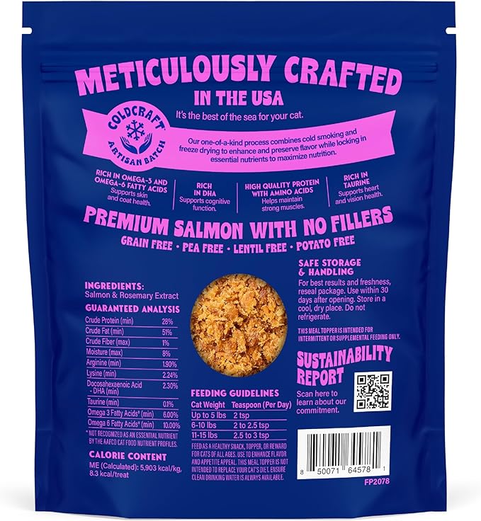 Finfare Freeze Dried Cat Food Toppers, Salmon Sprinkles, Grain Free Meal Toppers for Cats to Support Taste & Nutrition - High Protein & Omega-3s, Crafted in USA, 1.3oz