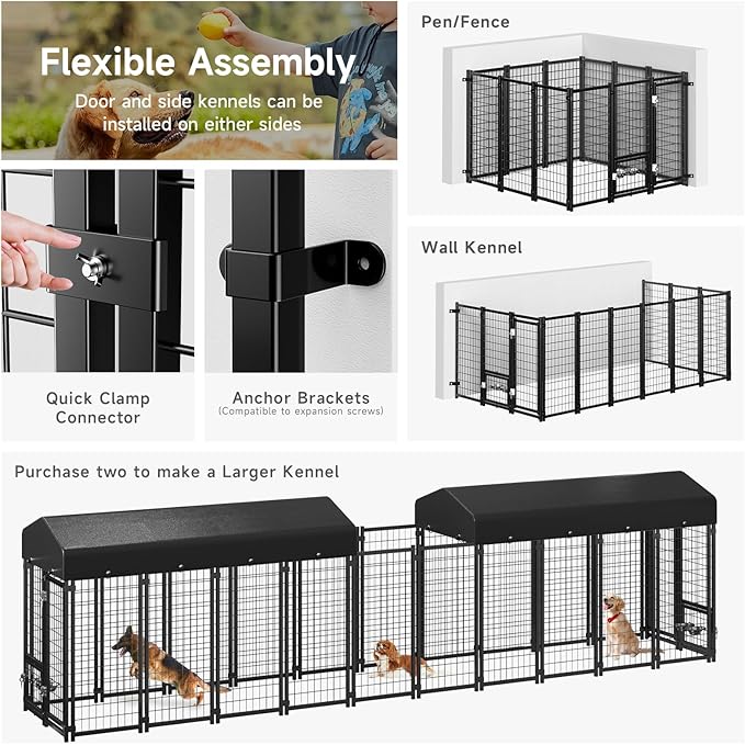 2PCS Dog Kennel Outdoor, Large Outside Dog Kennel with Roof & Swivel Feeders/Removable Doggy Door Allow Connecting Your Dog House, Heavy Duty Dog Run Pen for Medium/Large Dogs (8'Lx4'Wx6'H)