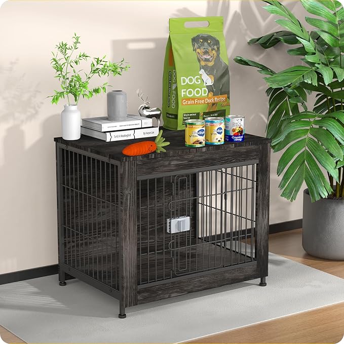 Escape Proof Decorative Dog Crate Furniture with Wooden Top, 27in Furniture Style End Table and Secure Indoor Kennel, Anti Anxiety for All Breeds, Rustic Brown