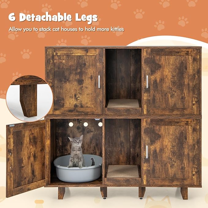Giantex Cat Litter Box Enclosure - Cat Washroom Hidden Furniture, 2 Storage Cabinets, Removable Cat Scratcher, Air Vents, Detachable Legs, Wood Pet Crate Indoor Cat House TV Stand (Rustic Brown)