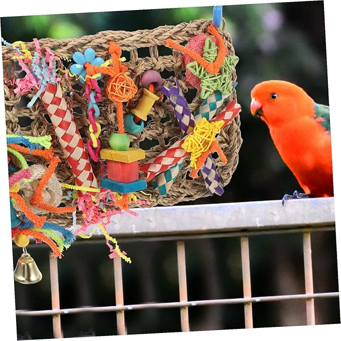 Mikikit Parrot Cage Hanging Grass Foraging Mat Bird Chew Woven Natural Seaweed Hammock for Large Parrots and Parakeets in Cage