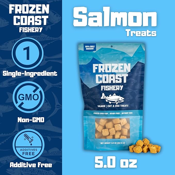 Frozen Coast Freeze-Dried Wild-Caught Salmon Cat & Dog Treats-Single-Ingredient, Omega-3, Grain-Free (5 oz Bag)