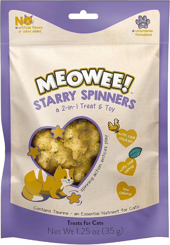 MEOWEE! Starry Spinners Cat Treat, 1.25 Ounce Bag, 2-in-1 Treat & Toy Made with Real Chicken, Chicken Liver & Catnip, Encourages Playfulness & Low Calorie