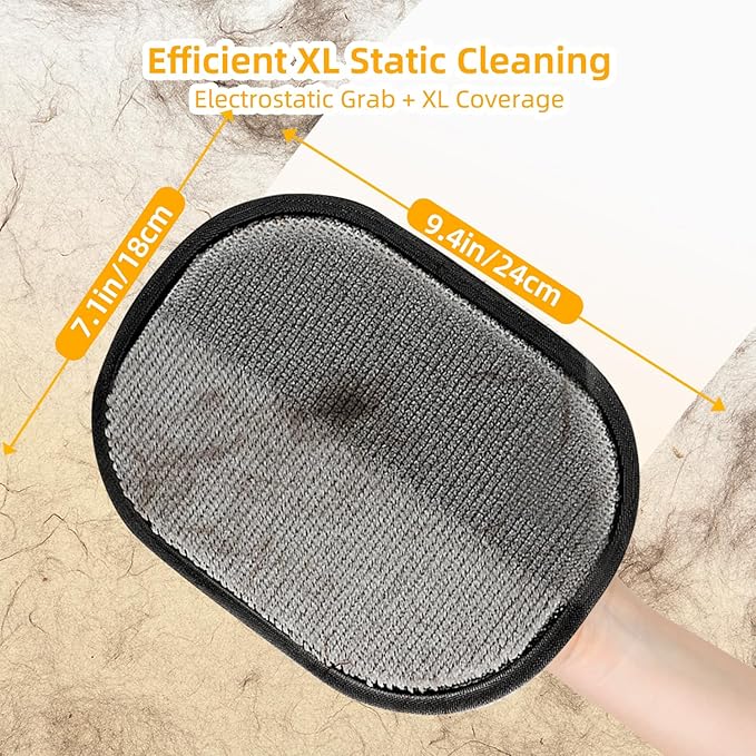 Large Pet Hair Removal Glove 2 Pack – Electrostatic Reusable Pet Hair Remover Glove for Dogs & Cats, Soft for Pet Grooming, Pet Hair Remover Tool for Bed, Sofa, Carpet, Car Seat (Black)