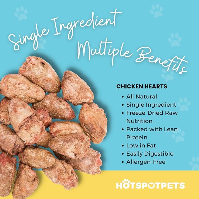 Hotspot Pets Freeze Dried Chicken Hearts for Cats & Dogs- 1LB Bag (300+pcs) USA Made, Healthy Single Ingredient All Natural Grain Free- Resealable -Perfect for Training, Topper or Snack, Allergen-Free