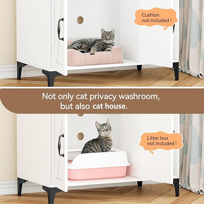 GarveeLife Cat Litter Box Enclosure with Shelves, Litter Box Cabinet, Hidden Cat Box Furniture with Scratching Mat, Wood Sturdy Cat Washroom Storage, Indoor Cat House, White