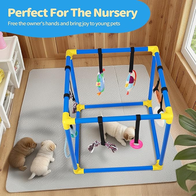 Liitrton Puppy Play Gym - Small Dogs Play Gym with 8 Hanging Toys, Indoor Puppy Jungle Gym with Interactive Dog Enrichment Toys, 19.5"x19.5"x19.5" PVC Frame (Blue)