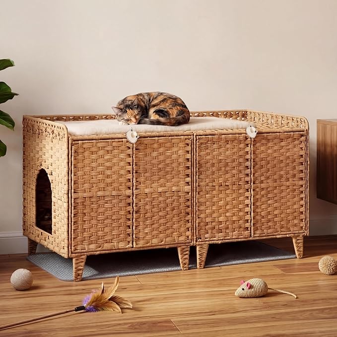 Double Litter Box Enclosure for 2 Cats - Rattan Hidden Cat Furniture with Litter Mat 2 Hooks & Doors, Large Cat House for 2 Litter Boxes, Easy Clean, 47.2" l x 19.7" w x 23.6" h Natural