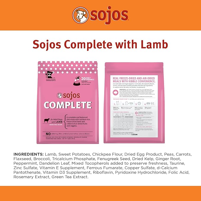 Sojos Complete Freeze Dried Raw Adult Dry Dog Food, Grain Free, Natural, Lamb Recipe, 7 lb Bag