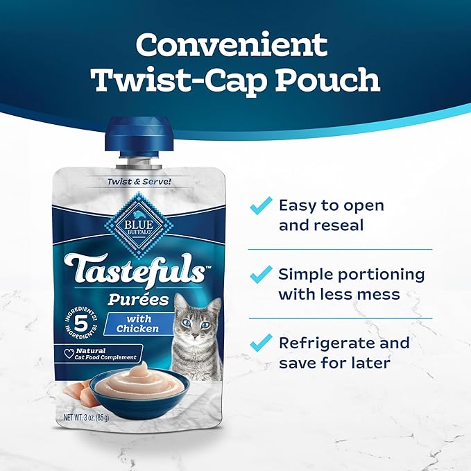 Blue Buffalo Tastefuls Purées with Chicken, Natural Cat Food Complement, Resealable Twist Cap Pouches, 3-oz (12 Count)