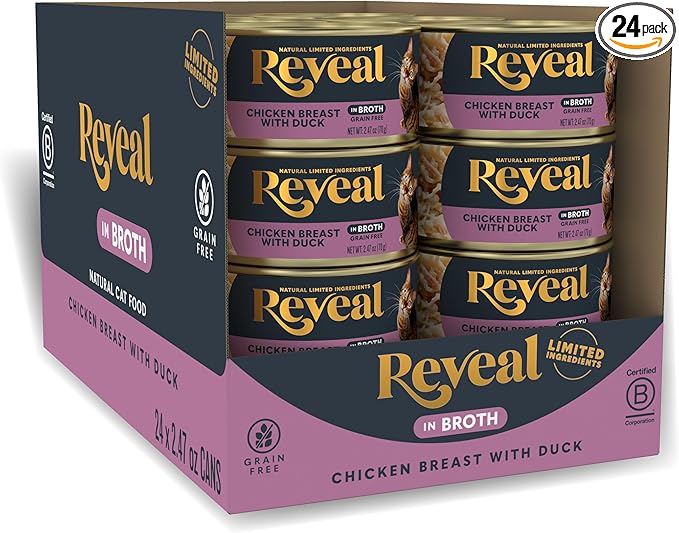 Reveal Natural Wet Canned Cat Food, Limited and Natural Ingredients, Grain Free, High Protein with No Artificial Additives, Chicken Breast with Duck in Broth (24 x 2.47 oz Cans)