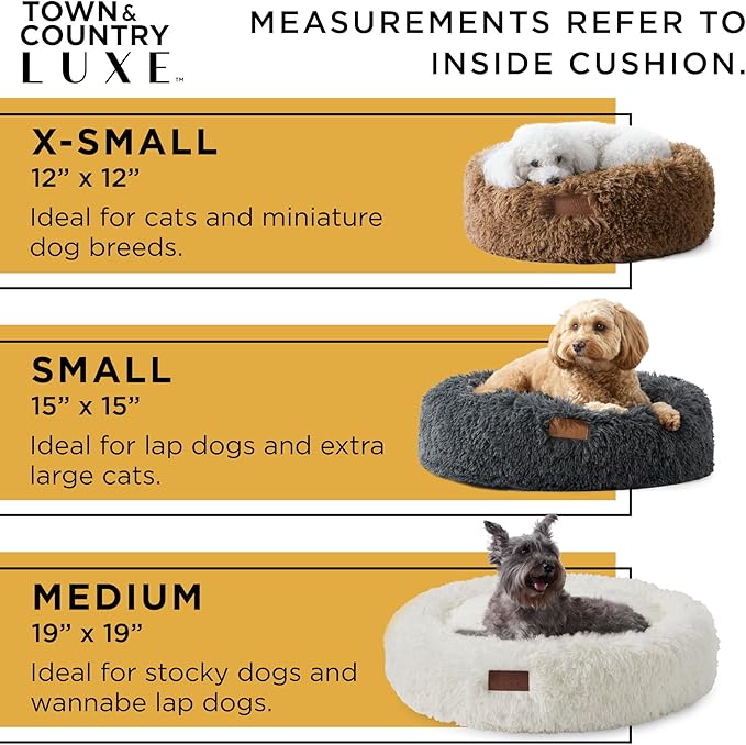 Town & Country Luxe CuddleTown Fuzzy Solid Donut Pet Bed, Soft, Cozy & Calming, Non-Slip Bottom, 100% Machine Washable, Dark Grey, Small 24"x24"x7" Round