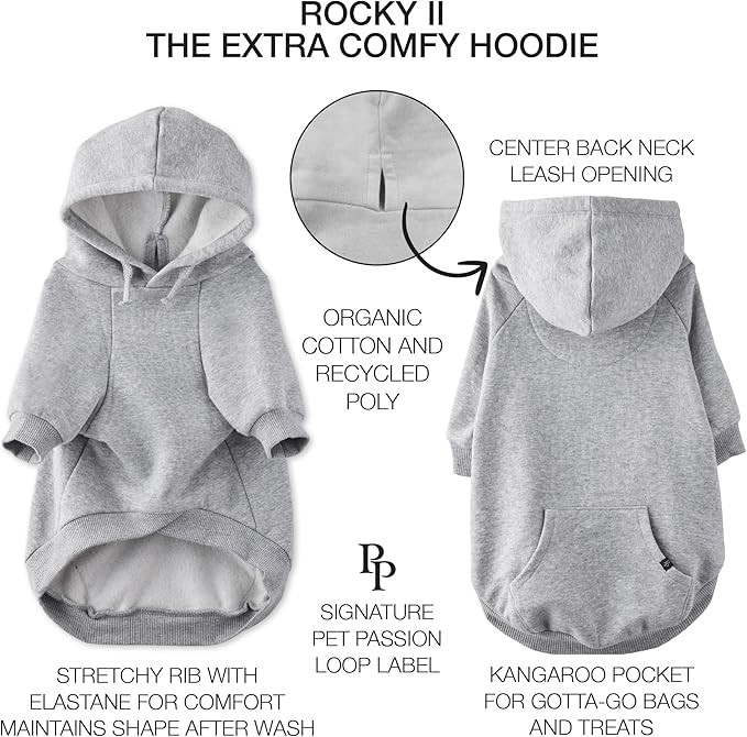 Pet Passion Rocky II - The Extra Comfy Hoodie, Organic Cotton and Recycled Poly Dog Hoodie Pet Coat Sweater for Small, Medium, Large Dogs, Heather Grey, XXX-Small (up to 5lbs)