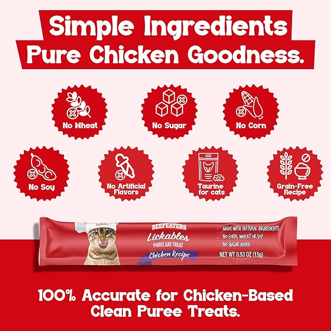 Beefeaters Chicken Pure Cat Treats 1.59oz (12 Pack) | Lickable Squeeze Tube Treats, Grain-Free, No Added Sugar, Real Chicken, Taurine-Enriched, Ideal for Bonding, Seniors, Toppers & Everyday Treating