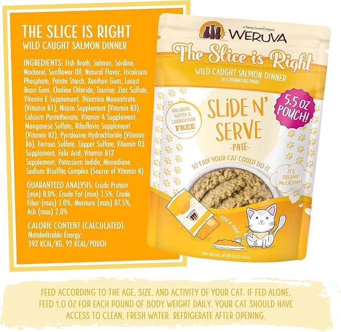 Weruva Wet Cat Food, The Slice is Right with Wild Caught Salmon Pate, 5.5oz Slide N Serve Pouch, Pack of 12
