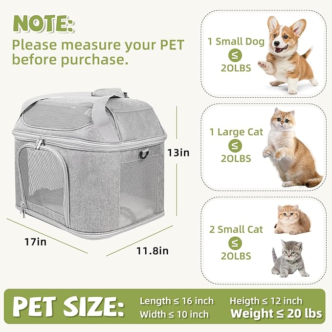 Premium Cat Carrier for Pets Up to 20 Lbs, Cat Travel Bag Soft-Sided Backpack Pet Carriers with Padded Shoulder Strap, Dog Carrier for Small Dogs Puppy Carry Airline Approved, Gray
