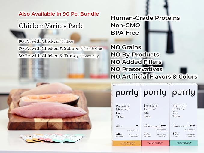 Purrly Lickable Wet Cat Treats Healthy Grain-Free Chicken Variety Pack (18 Count) Squeezable Creamy Purée with Human-Grade Protein Functional Nutrients Non-GMO No-Artificial-Additives Low-Phosphorus