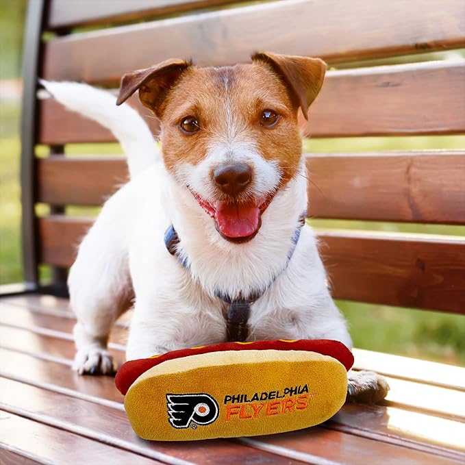 Pets First NHL Philadelphia Flyers HOT Dog Plush Dog & CAT Squeak Toy - Cutest HOT-Dog Snack Plush Toy for Dogs & Cats with Inner Squeaker & Beautiful Hockey Team Name/Logo