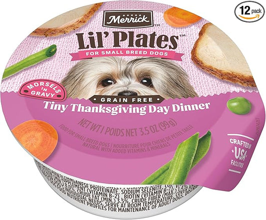 Merrick Lil’ Plates Premium Grain Free Natural, Soft Wet Dog Food For Small Dogs, Tiny Thanksgiving Day Dinner - (Pack of 12) 3.5 oz. Tubs