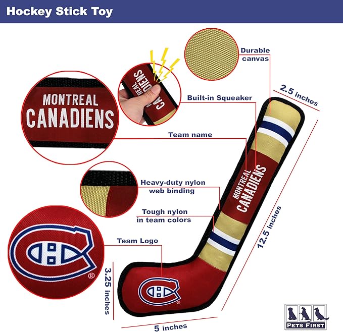 Pets First Dog Toy Tough Nylon with Inner Squeaker Licensed by NHL Montreal Canadiens Hockey Stick Toy for Dogs & Cats. Play Hockey with Your Pet with This Licensed Dog Tough Toy