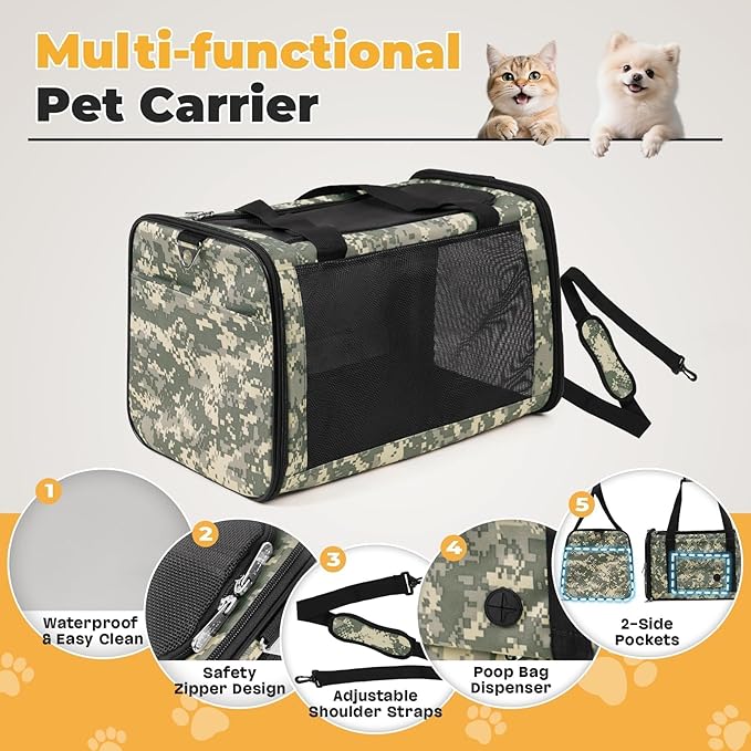 Cat Carrier Soft 25lbs Two Loading Pet Carriers Portable Small Dog Puppy Airline Approved Carrier with Side Pockets Foldable Portable for Outdoor Car Digital Camouflage