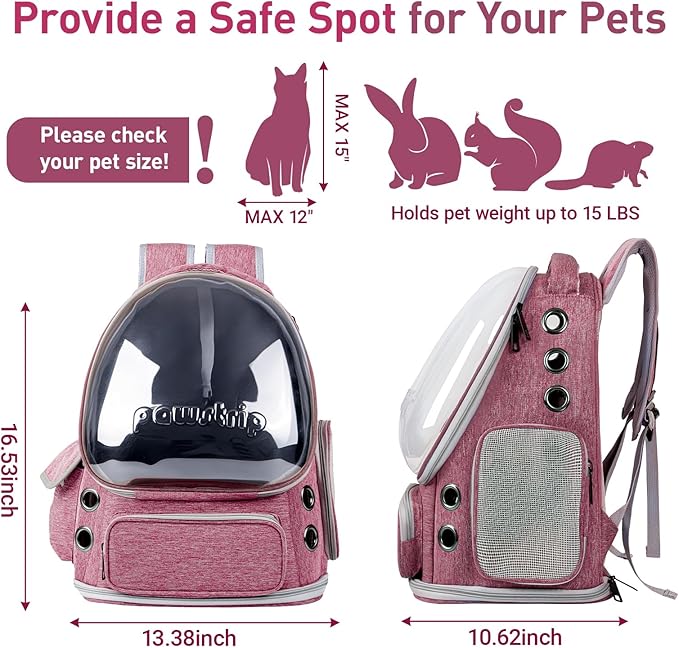 Cat Backpack Carrier with Large Space Bubble Window, Airline Approved Breathable Pet Carrier for Small Dogs Cats up to 15lbs, Foldable for Travel Hiking & Outdoor Use