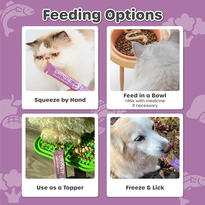 Choolip Squeeze Vita Stick Skin Support Lickable Cat and Dog Treats – 49-Count Multivitamin Sticks for Skin and Coat Health, Soft Puree for All Life Stages – Box with 7 Pouches