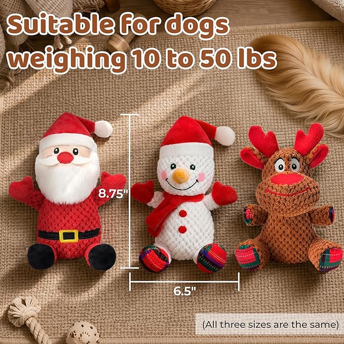 Dog Toys Set - 3 Pack Durable Squeaky Dog Toys for Small & Medium Dogs, Soft Plush Santa, Reindeer & Snowman Gift for Dogs